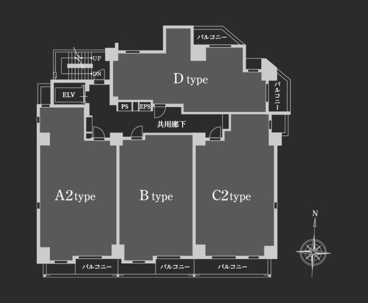 アトラス亀戸レジデンス フロア概念図 1フロア4邸（A2・B・C2・Dタイプ）と内廊下