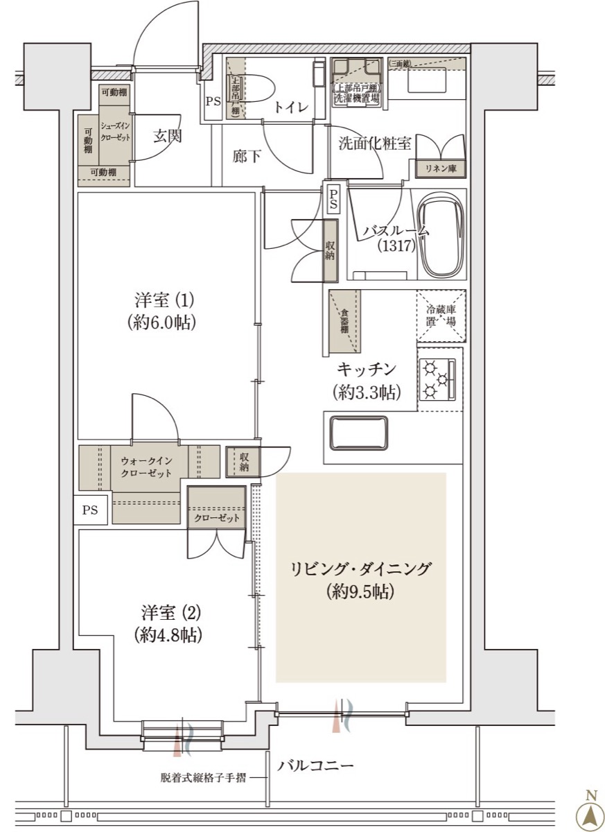 アトラス亀戸レジデンス Bタイプ 間取り図 2LDK+WIC+SIC 55.65㎡