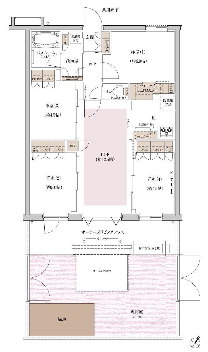 ブリシア上板橋 Egタイプ（1階）4LDK+WIC 70.03㎡ 間取り図（テラス・専用庭付き）