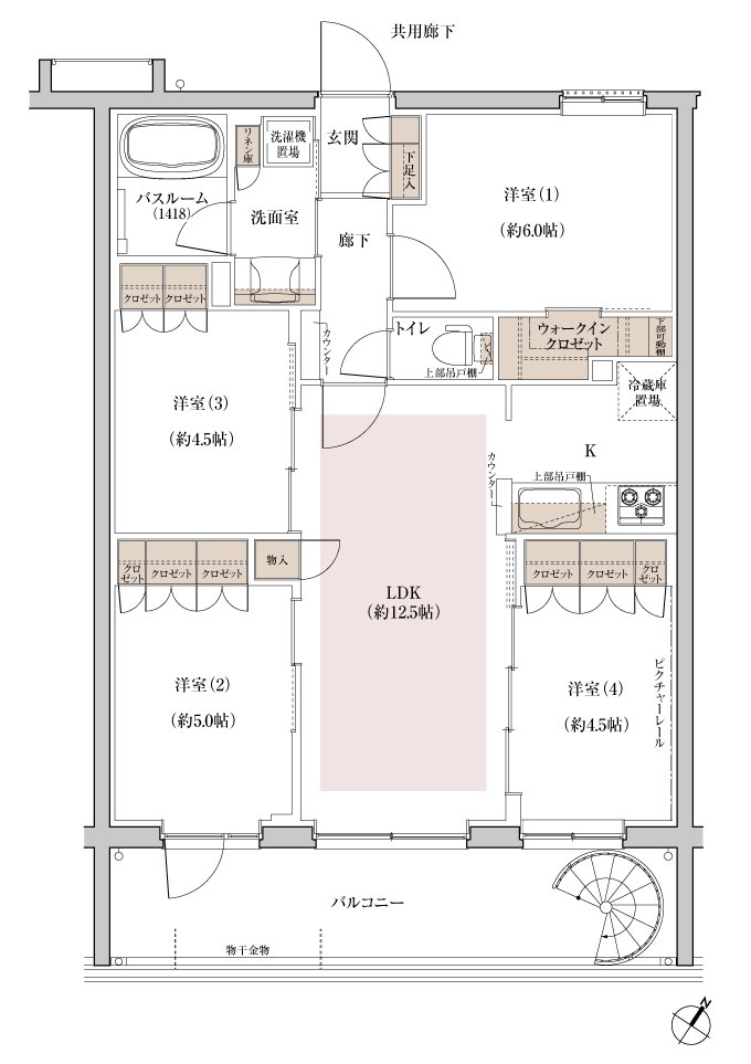ブリシア上板橋 Esタイプ（最上階）4LDK+WIC 70.03㎡ 間取り図（バルコニーに螺旋階段）