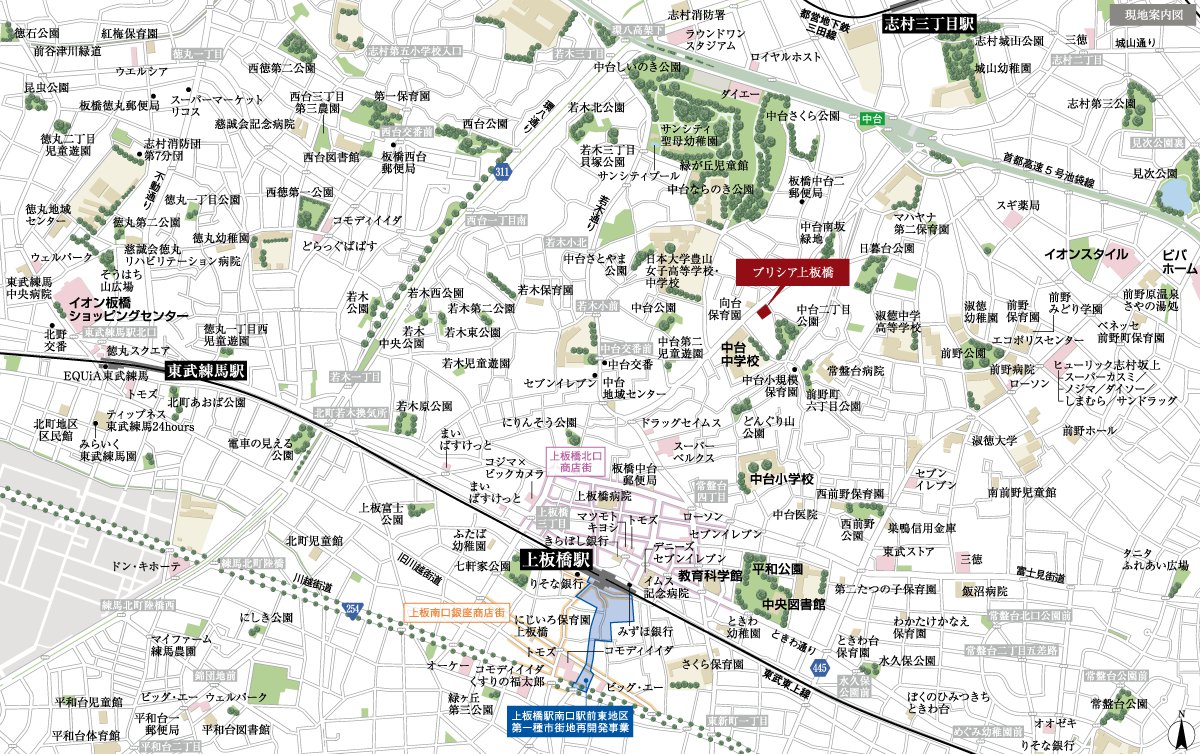 ブリシア上板橋 現地案内図（上板橋駅の北側、中台中学校の北に物件）