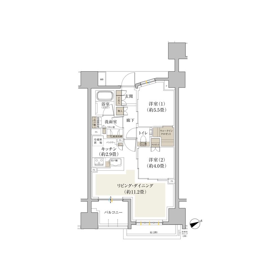 Brillia 立川 Dタイプ 2LDK+WIC 54.32㎡ 間取り図