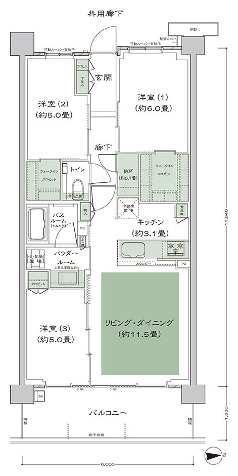 シティテラス桜上水 D-A1’-3タイプ 3LDK+N+2WIC 70.34㎡ 間取り図