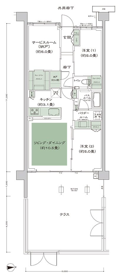 シティテラス桜上水 D-B2t-3タイプ 2LDK+S+N+2WIC 67.32㎡ 間取り図（テラス付き）