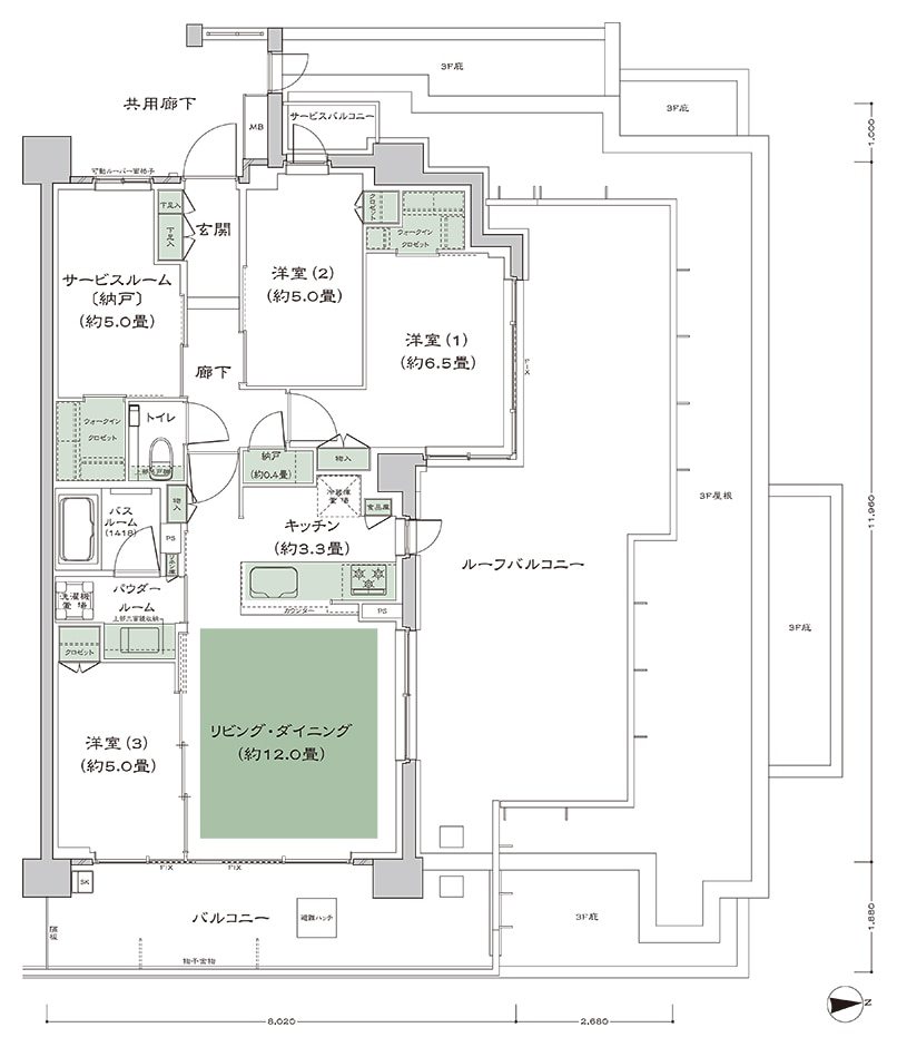 シティテラス桜上水 D-Dr-4タイプ 3LDK+S+N+2WIC 80.80㎡ 間取り図（ルーフバルコニー付き）
