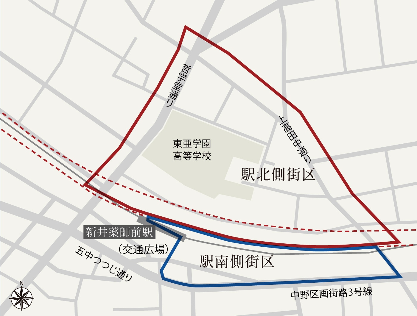 新井薬師前駅周辺のまちづくり概念図（駅北側街区と駅南側街区）