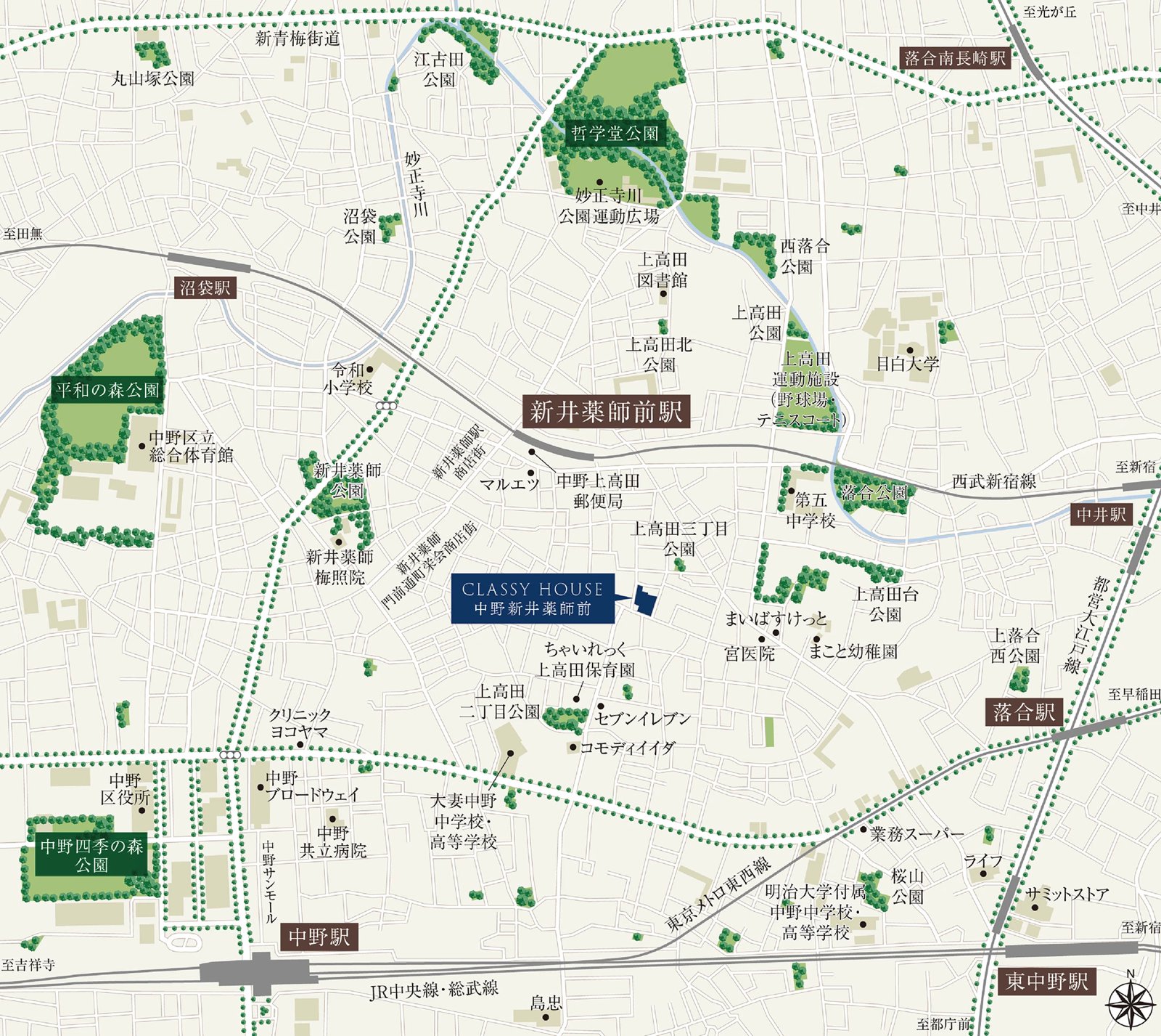 クラッシィハウス中野新井薬師前 現地案内図（新井薬師前駅・落合駅・中野駅と周辺施設）