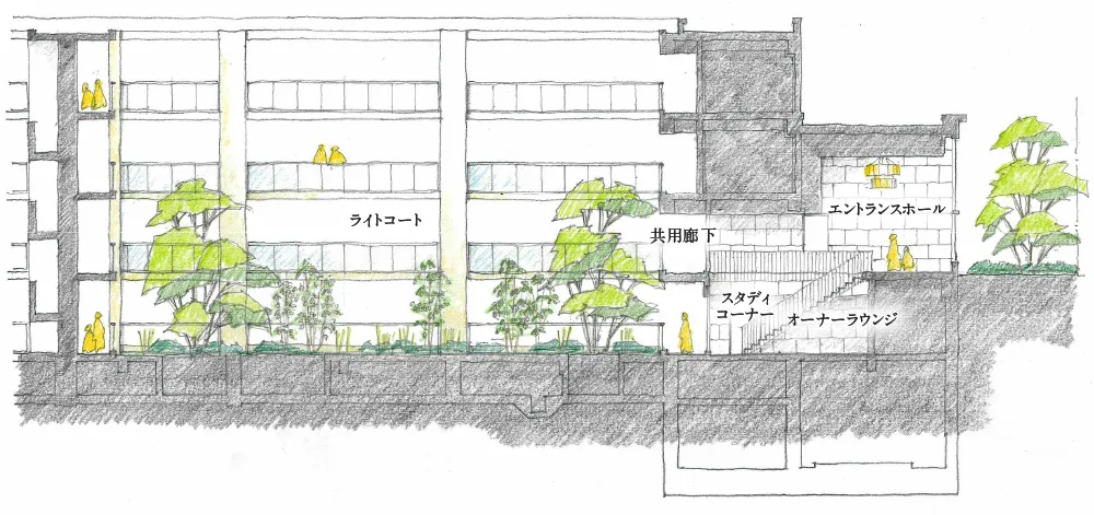ジオ深沢七丁目 建物断面・空間構成イメージ