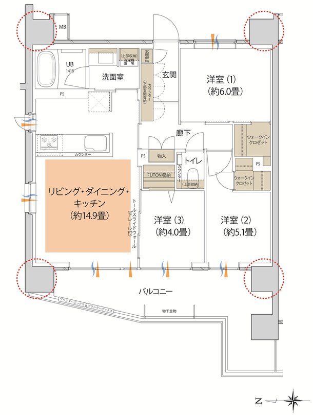 イニシア武蔵小杉御殿町 Aタイプ間取り図 3LDK+2WIC 70.00㎡