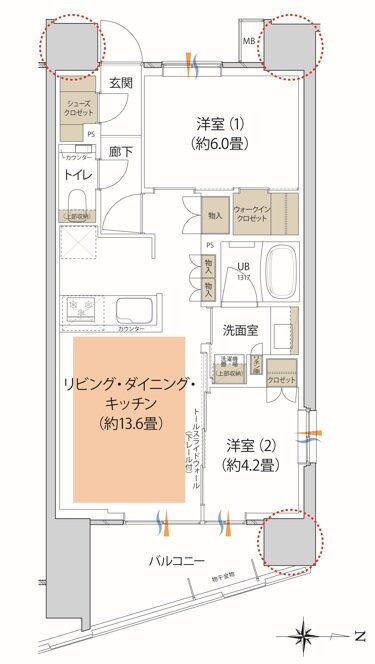 イニシア武蔵小杉御殿町 Eタイプ間取り図 2LDK+WIC+SC 55.16㎡