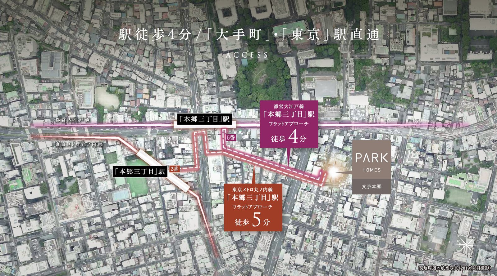 パークホームズ文京本郷 現地周辺航空写真（本郷三丁目駅からの位置）