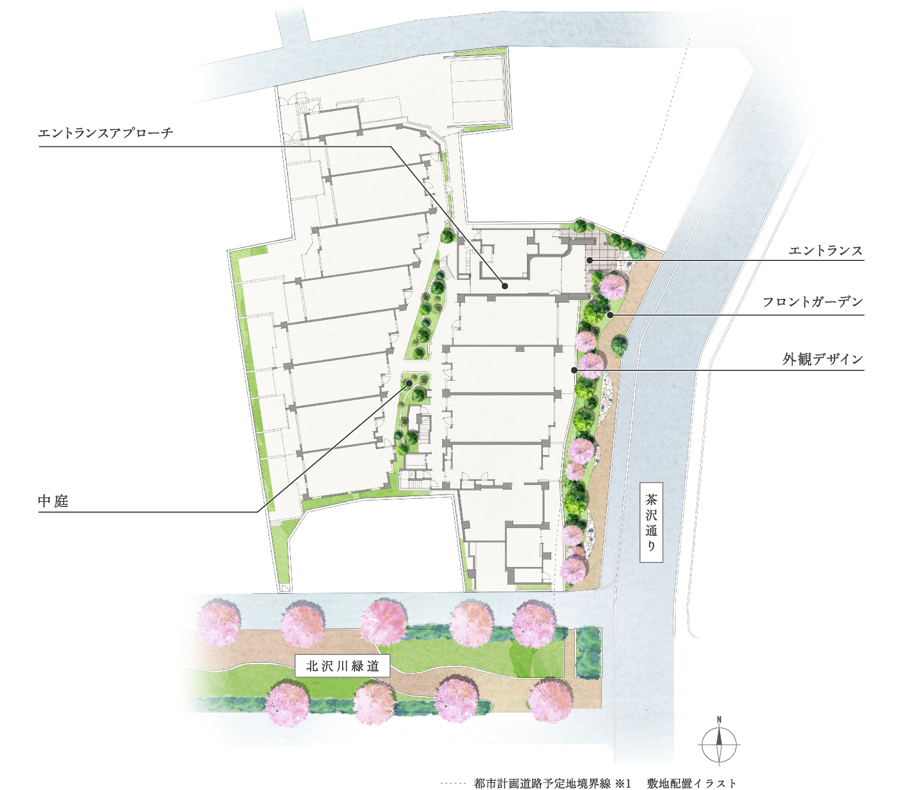 パークホームズ下北沢ガーデン 全体配置図 エントランス・中庭・北沢川緑道