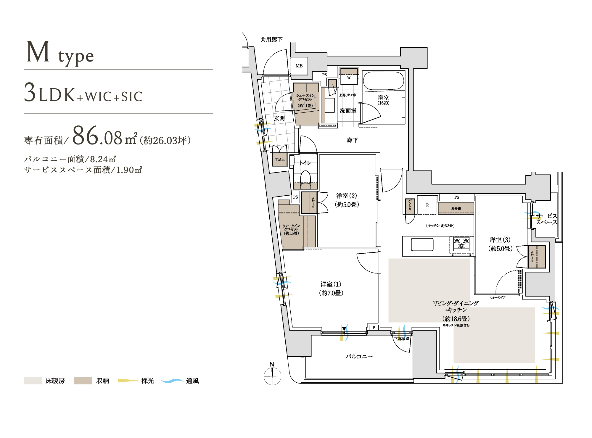 パークホームズ下北沢ガーデン Mtype間取り図 3LDK+WIC+SIC 86.08㎡