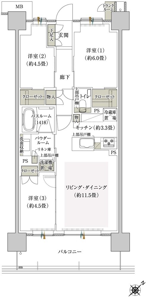 プレミスト鶴見花月総持寺SF AHタイプ 3LDK間取り図