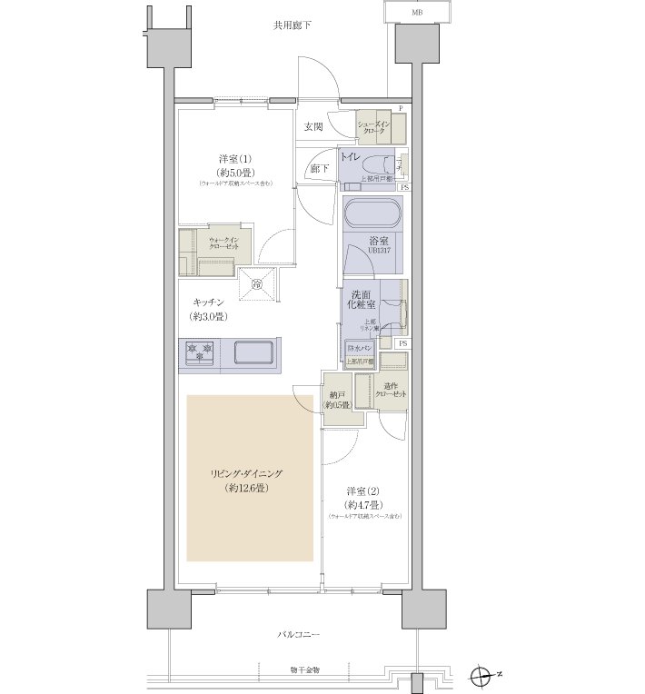 プラウドシティ国立 E-07タイプ間取り図 2LDK+N+WIC+SIC 56.71㎡