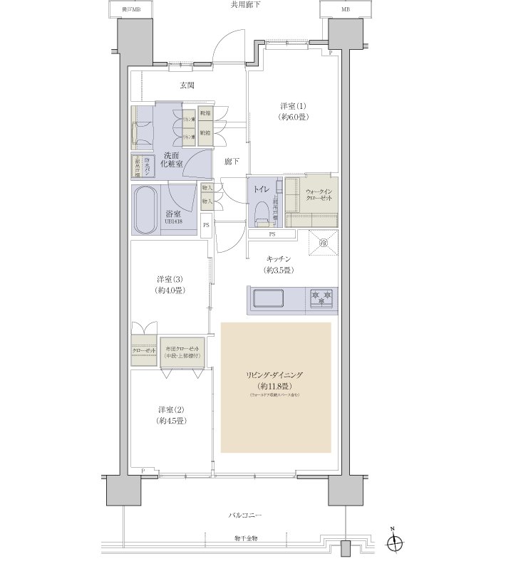 プラウドシティ国立 F-02タイプ間取り図 3LDK+WIC 70.70㎡