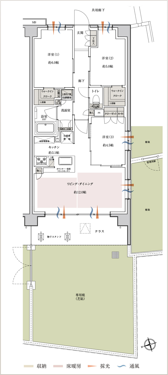 サンクレイドル新小岩Ⅱ Ggタイプ 3LDK+2WIC 67.26㎡ 間取り図（専用庭40.13㎡）