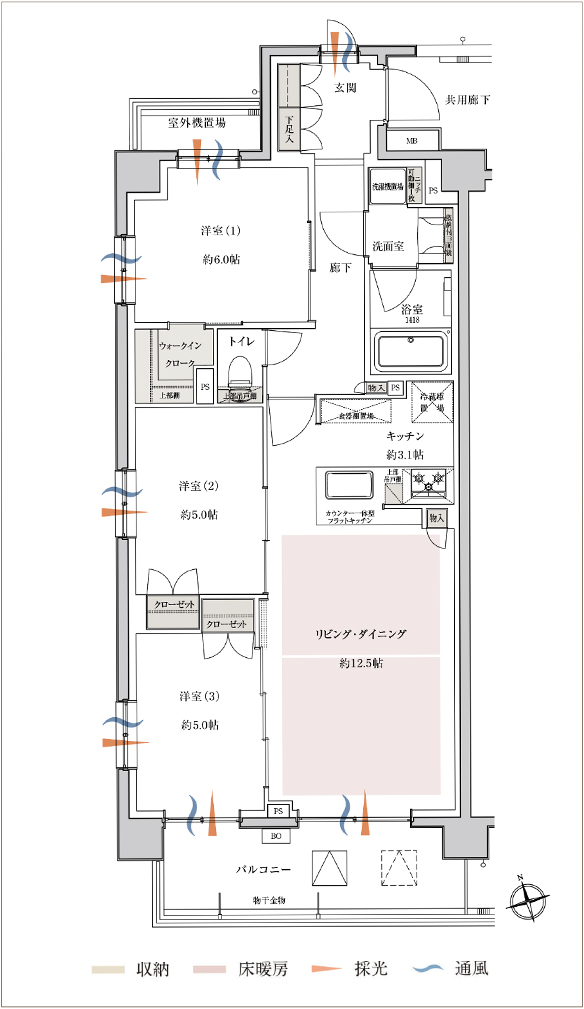 サンクレイドル新小岩Ⅱ Hタイプ 3LDK+WIC 71.45㎡ 間取り図